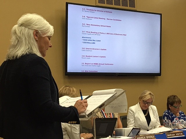 Dr. Tammy Grissom, executive director of the Tennessee School Boards Association, recommends candidates for the Cleveland City Schools' search for a new director.
