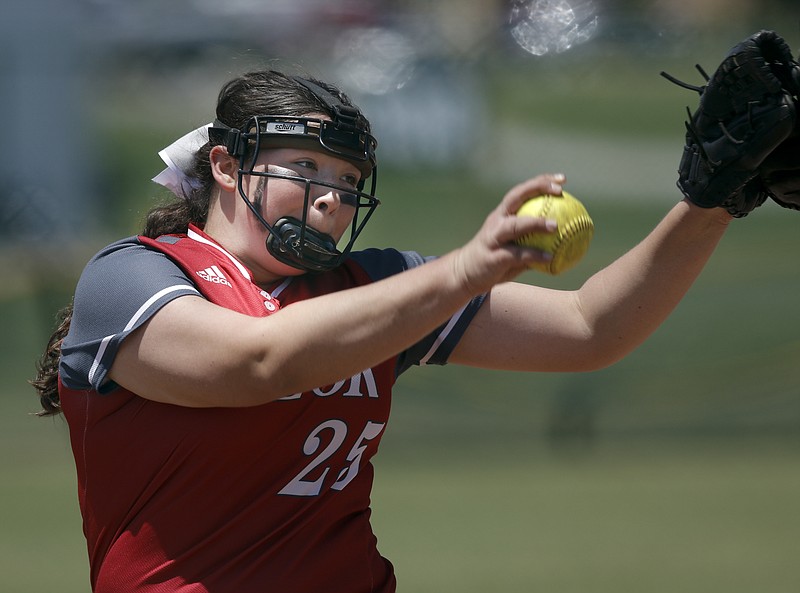 Baylor's Kayla Hughes pitches during Baylor's 6-4 win over GPS in their D-II AA state softball tournament championship game Thursday, May 21, 2015, at the TSSAA Spring Fling in Murfreesboro, Tenn.