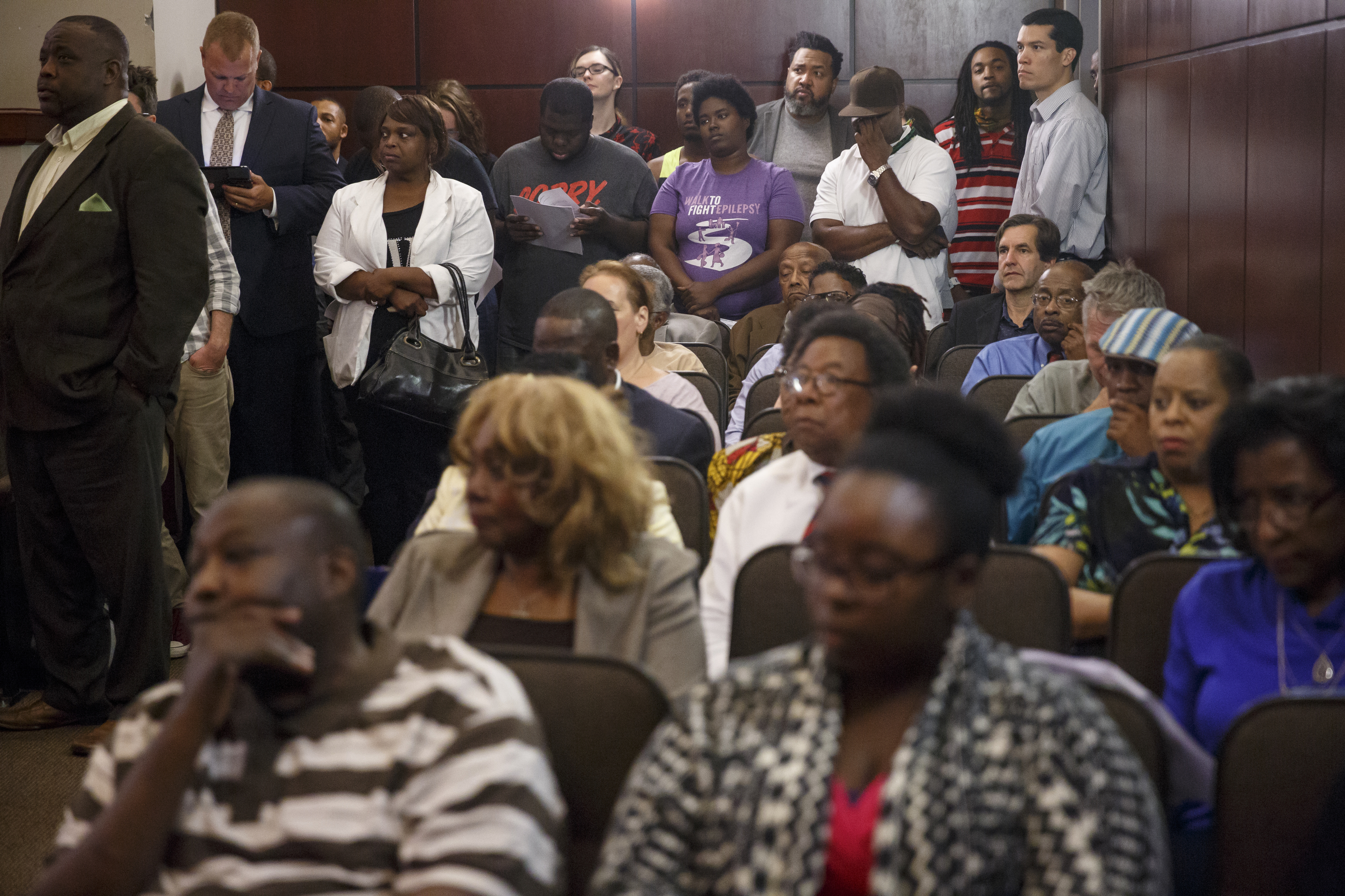 Community members crowd into the council cambers for a Chattanooga City Council Meeting on Tuesday, May 3, 2016, in Chattanooga, Tenn. Kevin Muhammad, with the Nation of Islam, delivered what he called a