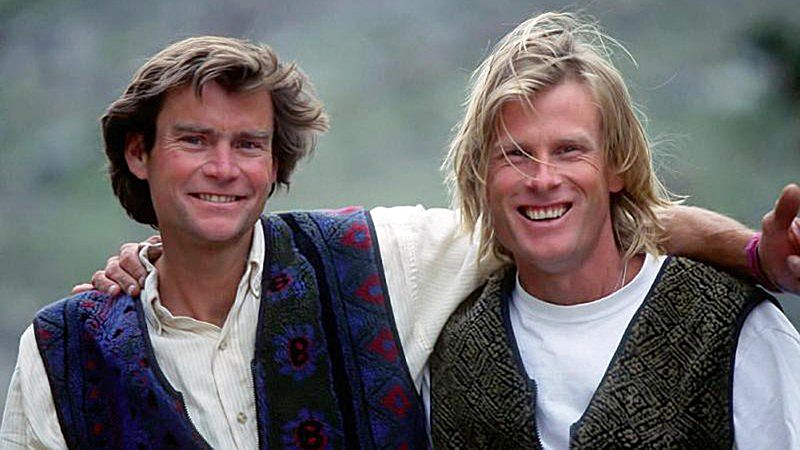 This undated photo provided by Chris Noble shows climbers Alex Lowe, left, and Conrad Anker. In October 1999, Lowe, Anker and fellow climber David Bridges were buried in a Himalayan avalanche. Lowe and Bridges died and their bodies were not recovered, but Anker survived. The widow of Lowe said in a statement Friday, April 29, 2016, that the remains of two people partially melting out of a glacier were recently discovered. Based on a description of clothing found on the remains, Anker said the clothing matches what Lowe and Bridges were wearing at the time of the avalanche. (Chris Noble/noblefoto.com via AP) 