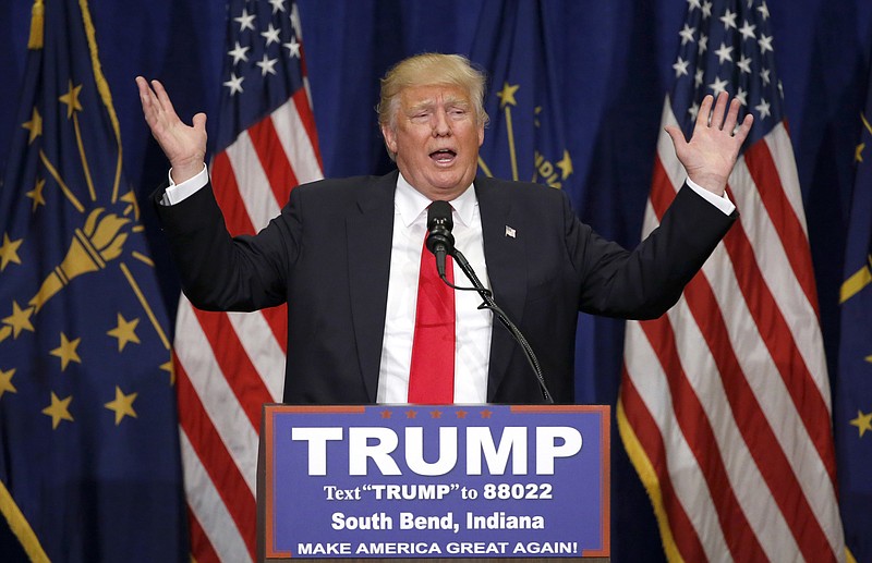 Republican presidential candidate Donald Trump speaks during a campaign stop Monday, May 2, 2016, in South Bend, Ind. 