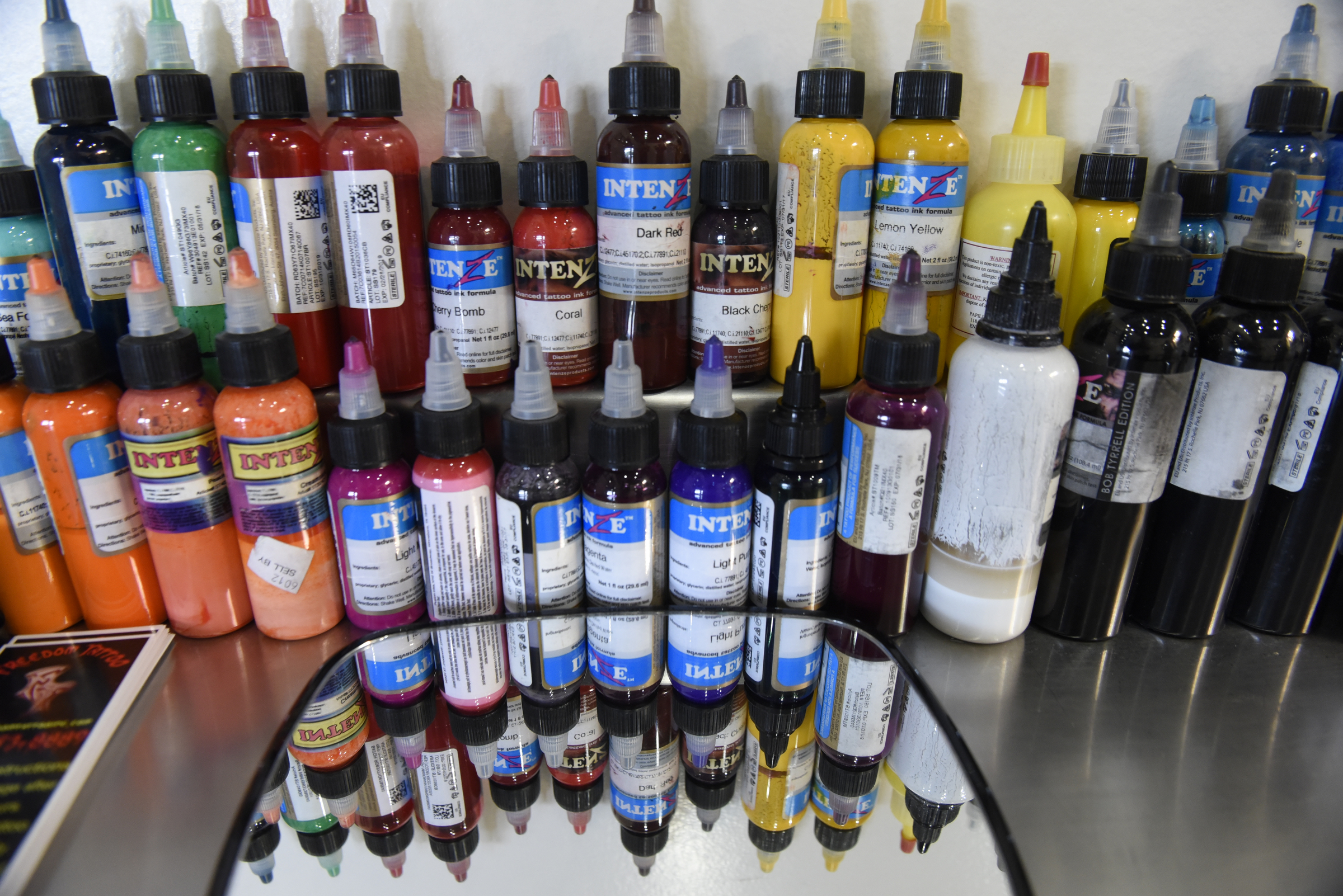 Multiple colors of ink are seen in the booth of tattoo and piercing artist Amanda Silvers at Freedom Tattoo on Tuesday, Apr. 26, 2016, in Chattanooga, Tenn.