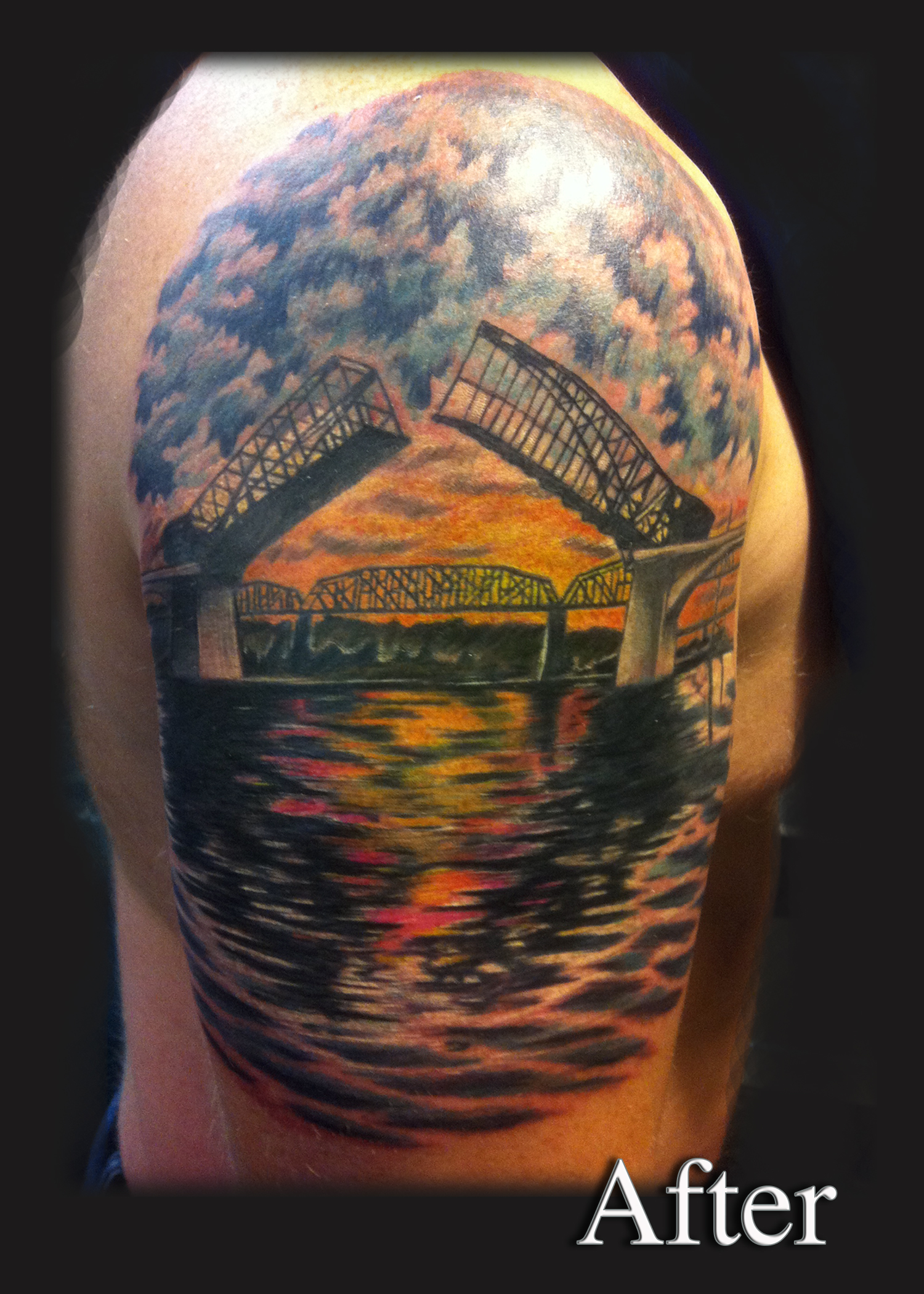 Lynn Buckner, pictured below, at Main Line Ink on Main Street created this colorful design to cover up a older tattoo of a man playing guitar.