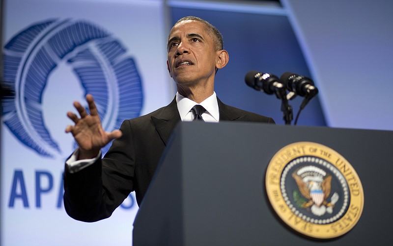 
              President Barack Obama delivers the keynote address at the Asian Pacific American Institute for Congressional Studies 22nd Annual Awards Gala Dinner in Washington, Wednesday, May 4, 2016. (AP Photo/Pablo Martinez Monsivais)
            