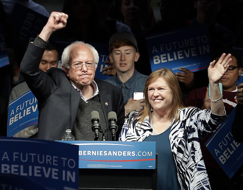 Democratic presidential candidate, Sen. Bernie Sanders, I-Vt., and his wife Jane Sanders, wave after a campaign rally Tuesday, May 3, 2016, in Louisville, Ky.