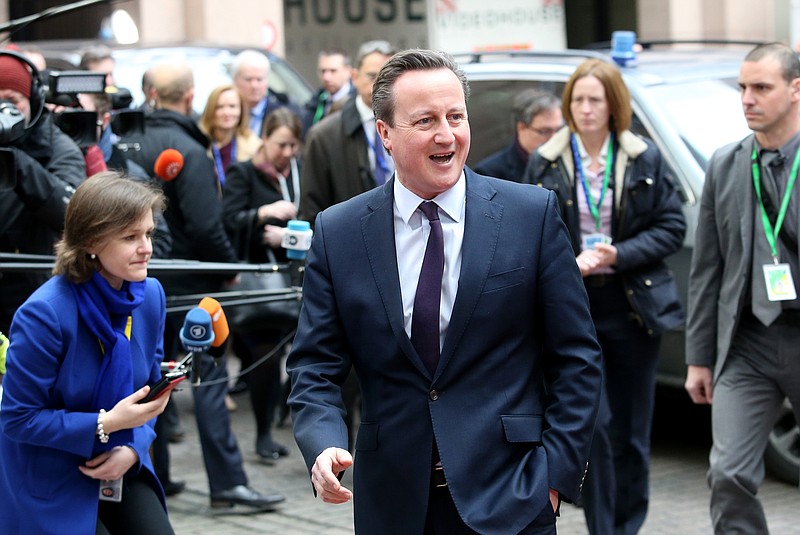 
              FILE- In this March 7, 2016 file photo, British Prime Minister David Cameron arrives for an EU summit at the EU Council building in Brussels. Cameron said Wednesday May 4, 2016, advocates of leaving the European Union have not thought through the impact it would have on the economy. (AP Photo/Francois Walschaerts, File)
            