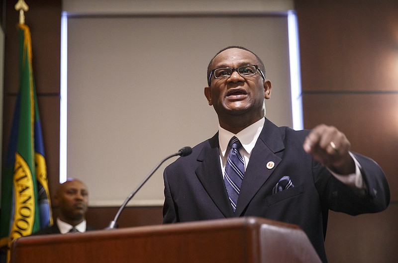Kevin Muhammad gives what he called a "People's State of the City" address during a Chattanooga City Council meeting on Tuesday.