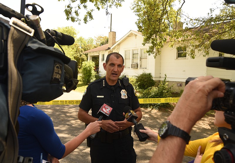 Chattanooga Police Chief Fred Fletcher talks to media about a shooting Monday, April 18, 2016 at the intersection of 7th Avenue and 31st Street. LaDarious Bush, who was inside the home, was killed.