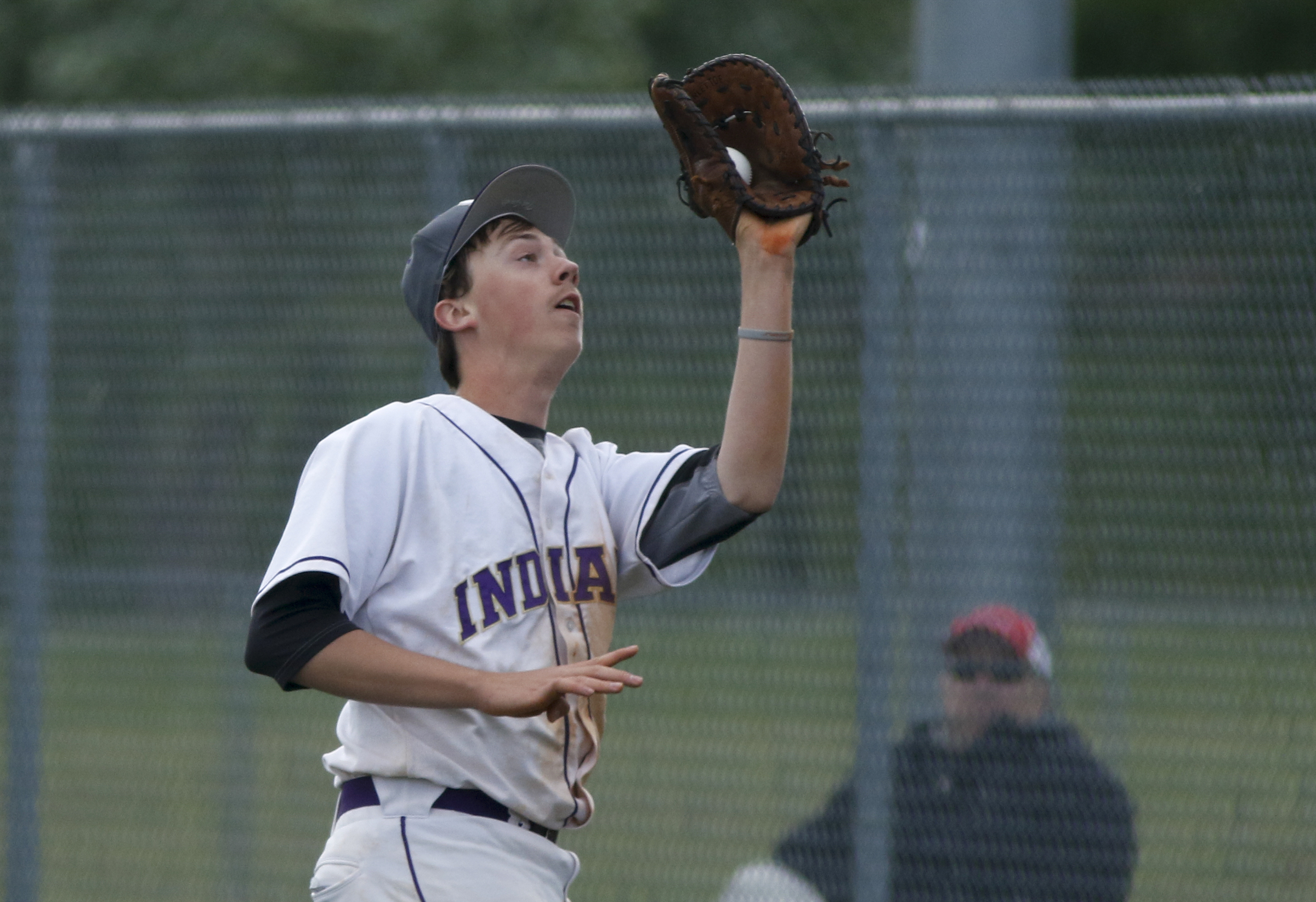 Sequatchie County 1st baseman Sidney Schultz catches a foul fly during their District 7-AA baseball tournament play-in game against Notre Dame at Sequatchie County High School on Thursday, May 5, 2016, in Dunlap, Tenn.