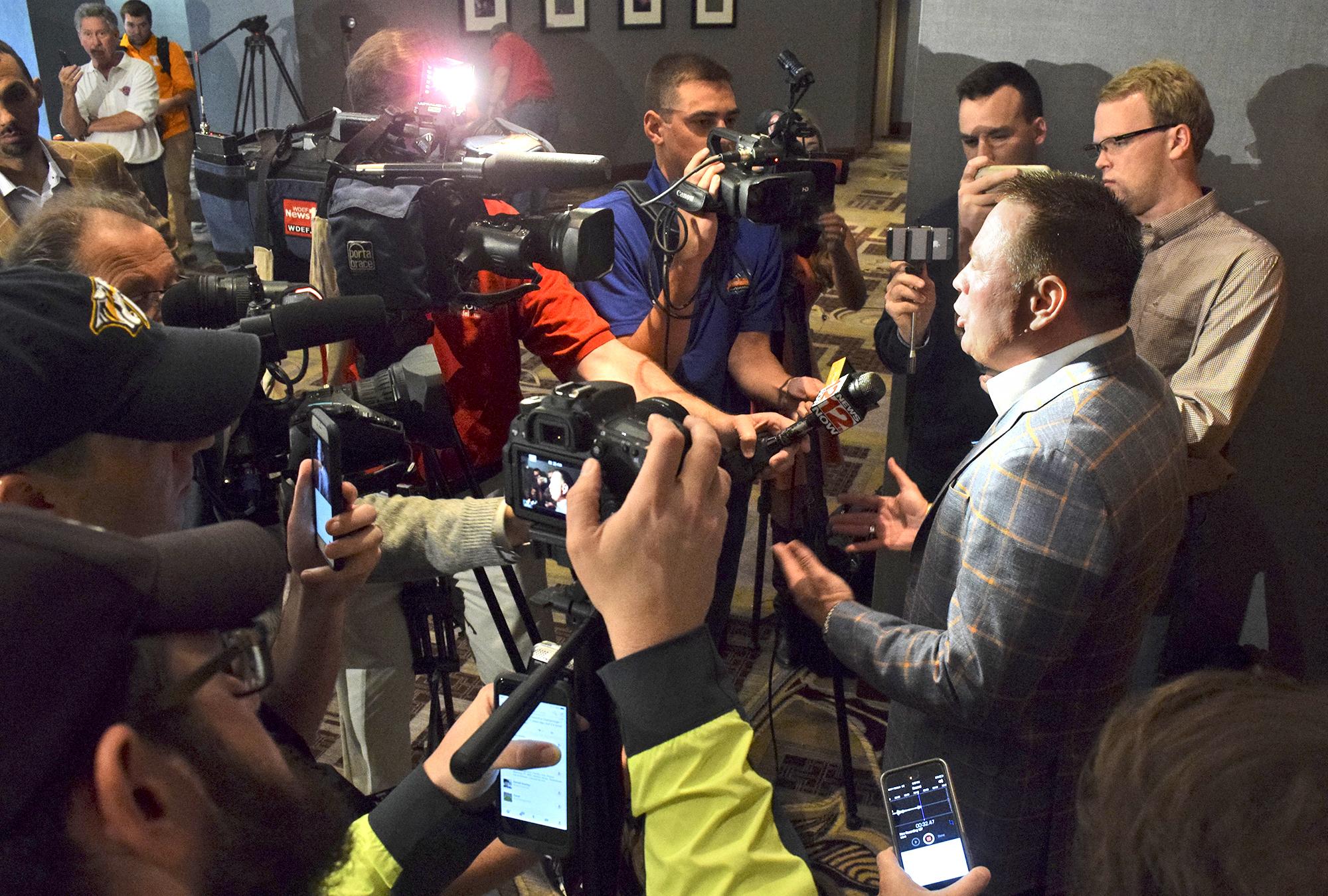 UT head football coach Butch Jones speaks to the media.  The University of Tennessee Big Orange Caravan rolled into town at the Chattanoogan on Thursday May 5, 2016.