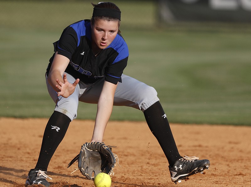 Staff Photo by Dan Henry / The Chattanooga Times Free Press- 5/6/16. Girls Preparatory School's Macie Stanfield (10) fields a ball to make an out while playing Pope John Paul II during the Division II-AA East/Middle softball game at the Bruiser's home field on May 6, 2016. 