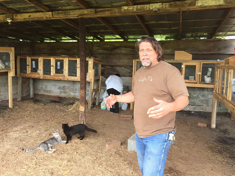 Rev. Barry Kidwell and his daughter, Kathleen, feed rabbits at the farm owned by Mustard Tree Ministries. Kidwell is seeking a planned unit development to build 32 tiny houses to rent for his homeless ministry.