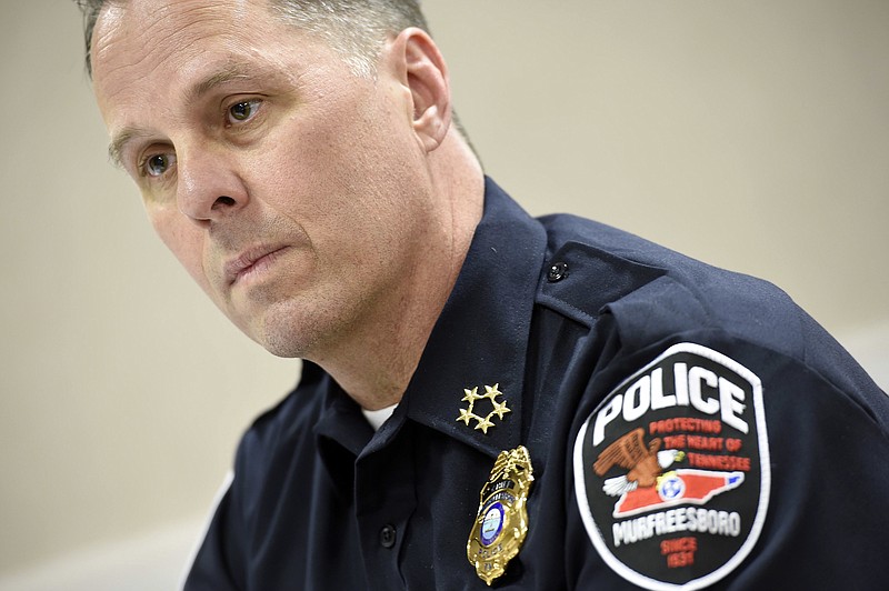 In this April 22, 2016 photo, Murfreesboro, Tenn. Police Chief Karl Durr is interviewed in Nashville, Tenn. Durr has offered an apology after his officers handcuffed and arrested several elementary school students April 15. The apology came after angry parents demanded action during a community meeting at a church after the arrests occurred at an elementary school and other locations. Some students were handcuffed, but it was unclear how many. (Samuel M. Simpkins/The Tennessean via AP)