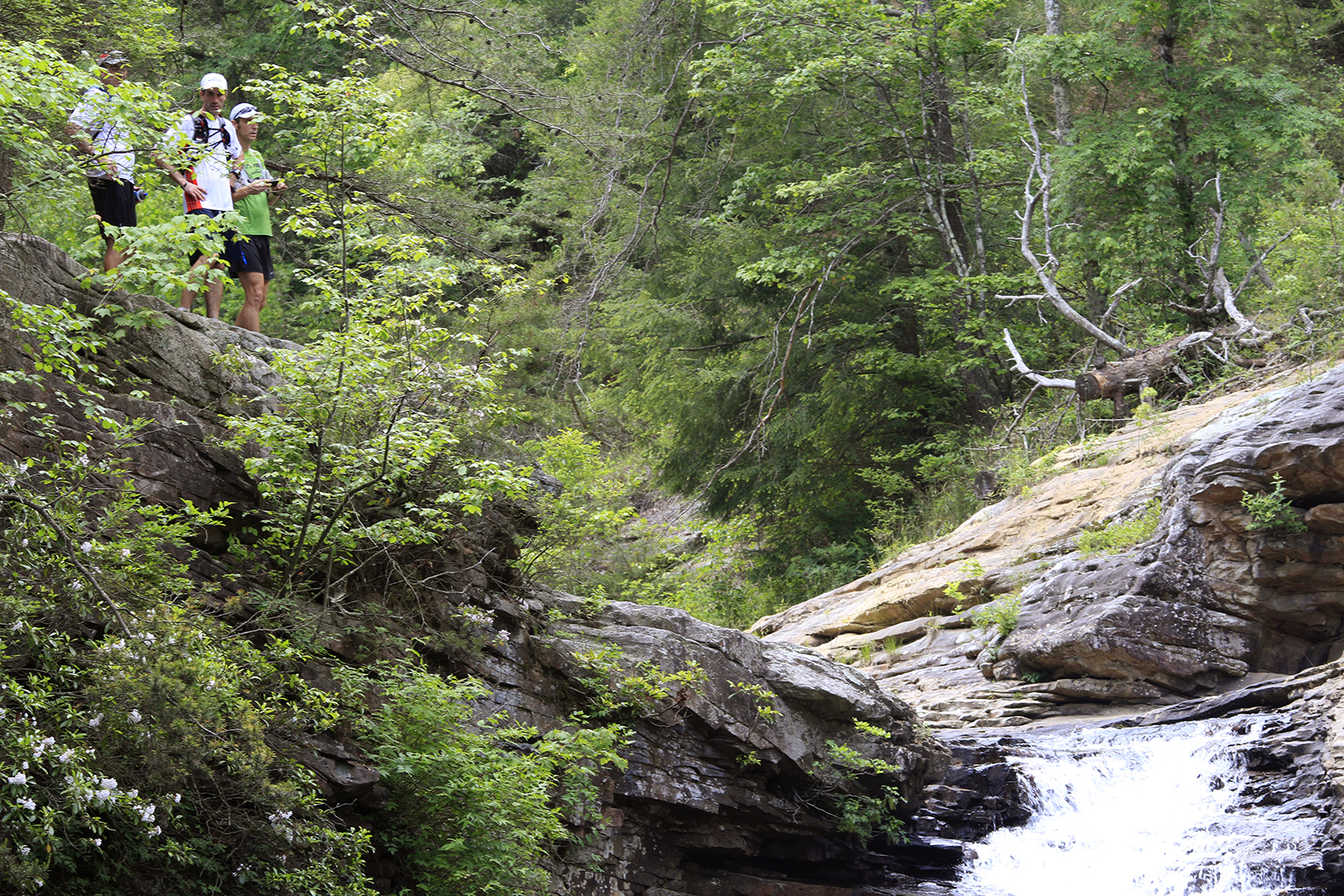 Staff Photo by Dan Henry/Chattanooga Times Free Press - May 04, 2012. A group of ultra runners gather near Lula Lake falls atop Lookout Mountain on Friday.