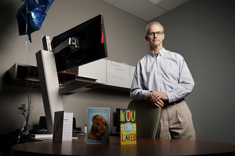 
              David McQuinn poses for a photo in his office at MiTek, a construction and engineering firm, Tuesday, May 10, 2016, in Chesterfield, Mo. McQuinn, 61, is retiring Tuesday after 30 years with the suburban St. Louis company, a length of time with one employer that is unlikely to be achieved by many younger workers. (AP Photo/Jeff Roberson)
            