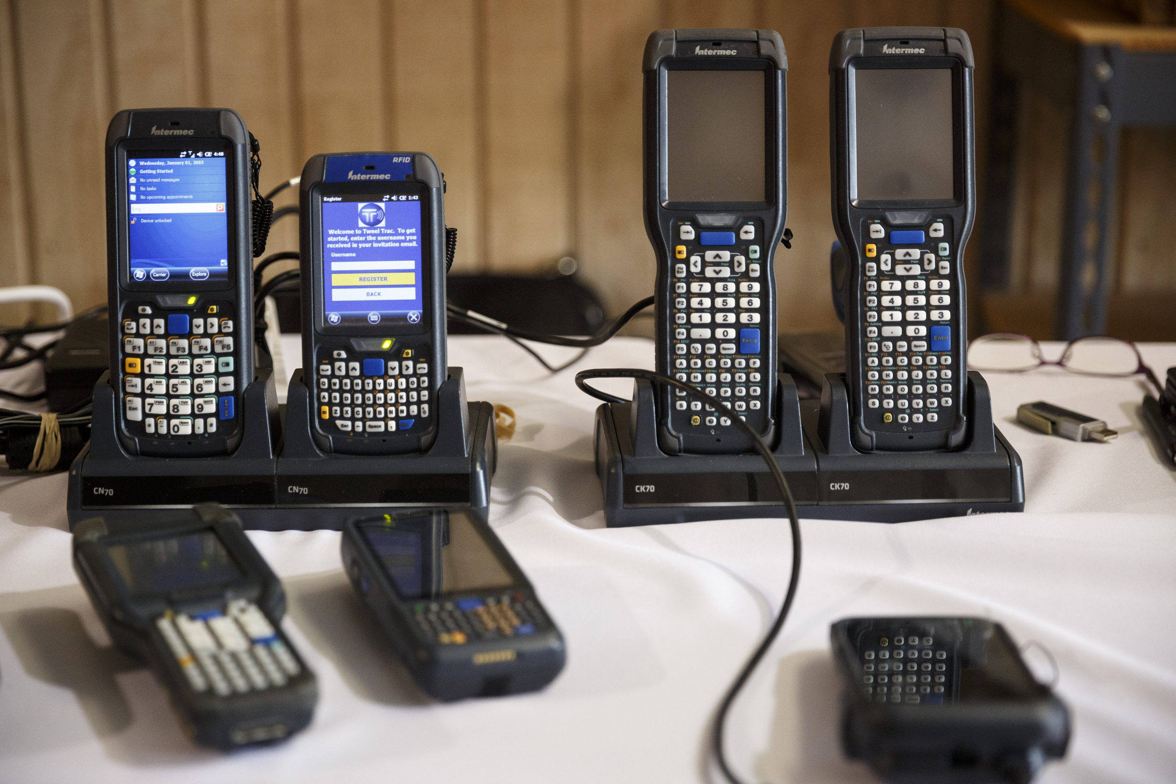 Barcode scanners are displayed during an open house at the company Barcom on Thursday, May 12, 2016, in Chattanooga, Tenn. The business, which makes equipment for managing and scanning bar codes, is celebrating its 25th year.