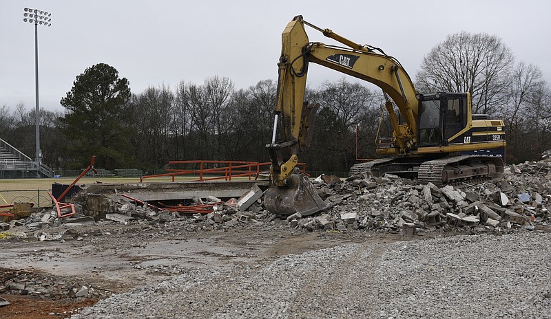 Seen on Monday, Dec. 21, 2015, in East Ridge, Tenn., the demolished Raymond James Stadium at East Ridge High School is a pile of rubble. The stadium was condemned this summer.