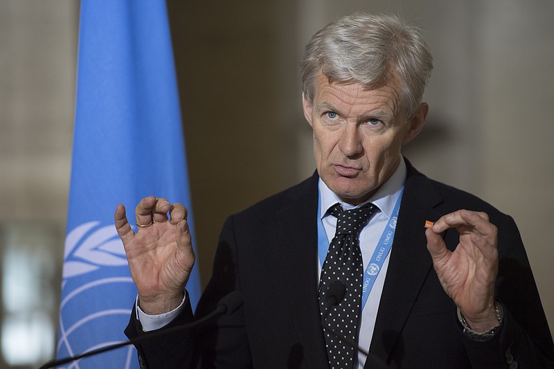 
              Jan Egeland, Senior Advisor to the United Nations Special Envoy for Syria, speaks about the International Syria Support Group's Humanitarian Access Task Force, at the European headquarters of the United Nations, in Geneva, Switzerland, Thursday, May 12, 2016 (Martial Trezzini/Keystone via AP)
            