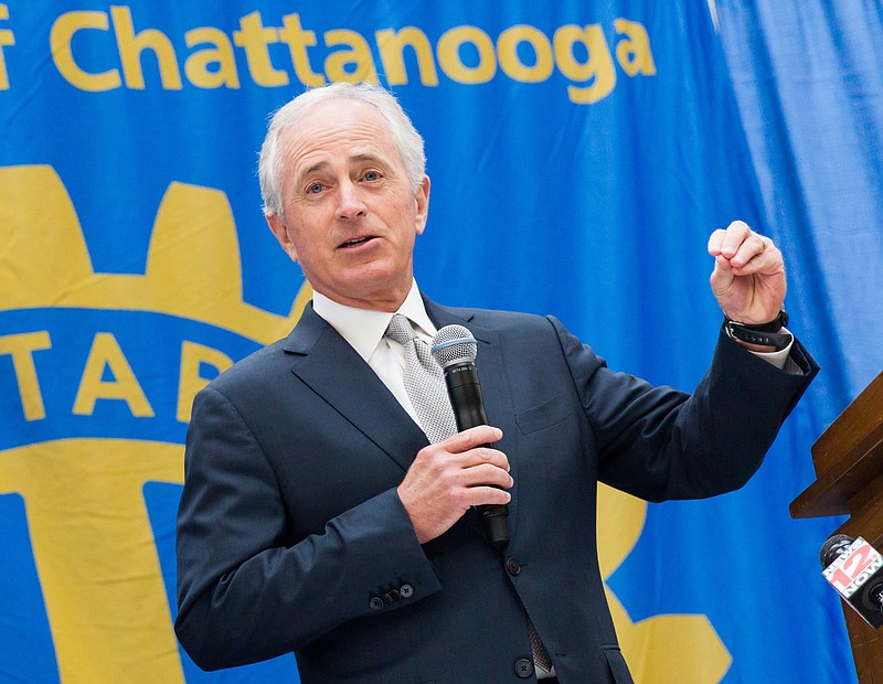 In this May 5, 2016, photo, U.S. Sen. Bob Corker makes a Rotary Club speech in Chattanooga, Tenn. The Tennessee Republican said afterward that he had no regrets about sitting out this year's tumultuous GOP presidential campaign, saying he wasn't the type of candidate "the country was looking for" this year. (AP Photo/Erik Schelzig)