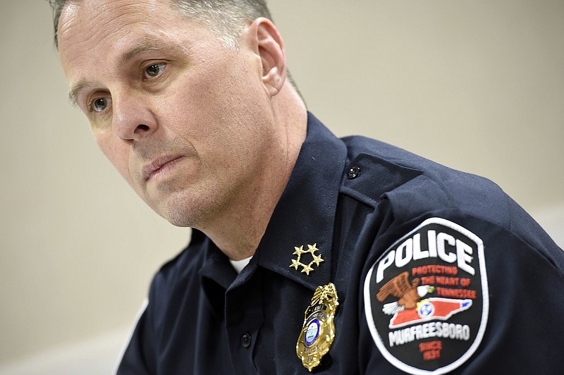 In this April 22, 2016 photo, Murfreesboro, Tenn. Police Chief Karl Durr is interviewed in Nashville, Tenn. Durr has offered an apology after his officers handcuffed and arrested several elementary school students April 15. The apology came after angry parents demanded action during a community meeting at a church after the arrests occurred at an elementary school and other locations. Some students were handcuffed, but it was unclear how many.