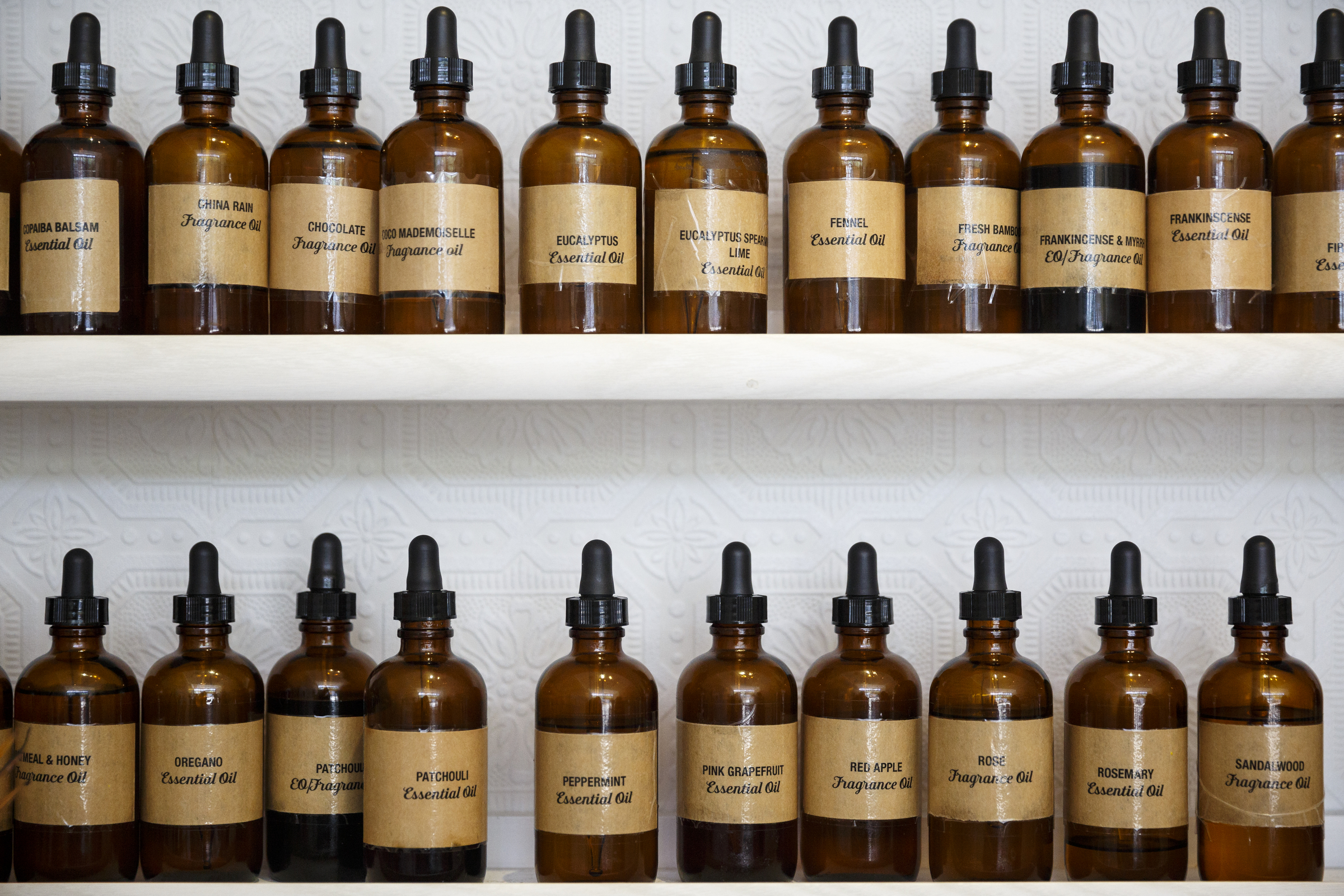 Essential oils are displayed at Good Fortune Soap and Spa, which sells the oils and custom mixes them into products, on Friday, May 13, 2016, in Chattanooga, Tenn. Some essential oils can be toxic if ingested or misused, so it is important to always use products which contain them as directed.