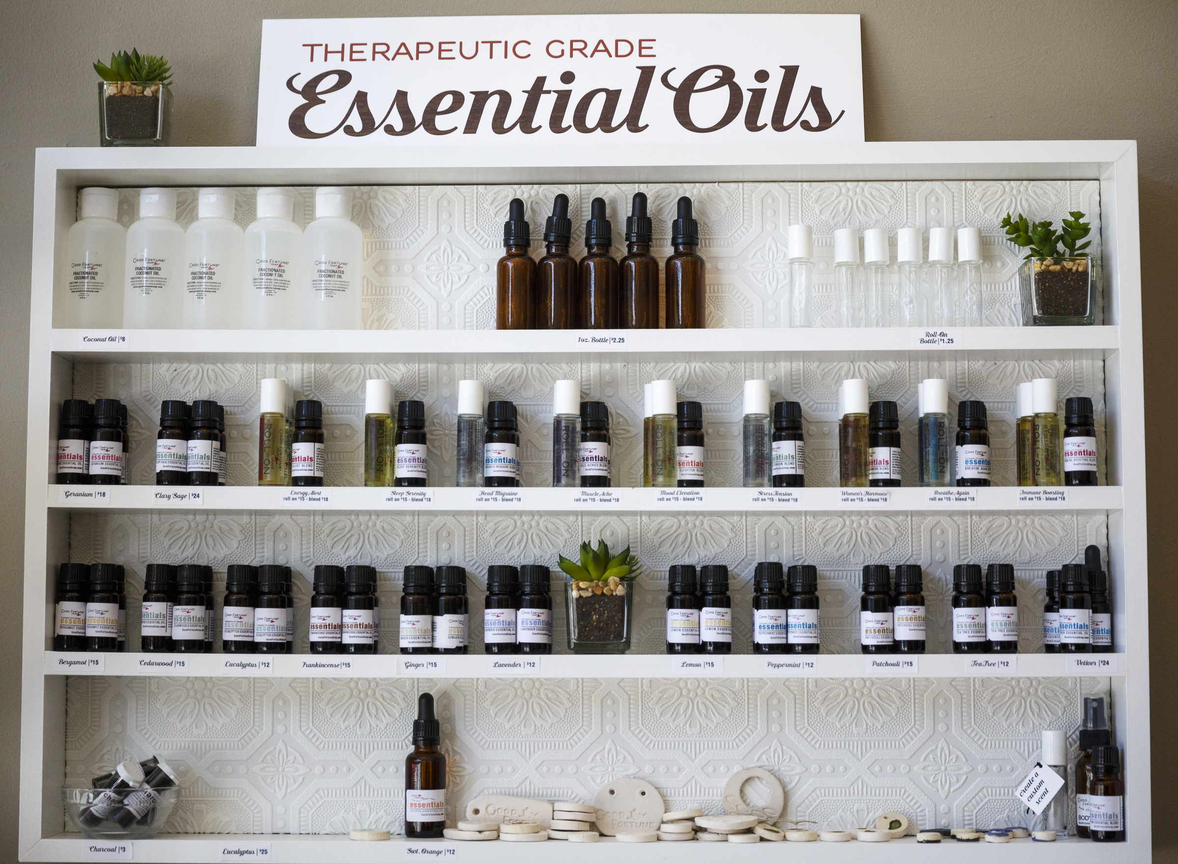 Essential oils are displayed at Good Fortune Soap and Spa, which sells the oils and custom mixes them into products, on Friday, May 13, 2016, in Chattanooga, Tenn. Some essential oils can be toxic if ingested or misused, so it is important to always use products which contain them as directed.