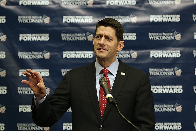 
              House Speaker Paul Ryan, R-Wis., speaks at a press conference during the Republican Party of Wisconsin 2016 State Convention at the KI Convention Center in Green Bay, Wis., on Saturday, May 14, 2016. (Evan Siegle /The Green Bay Press-Gazette via AP) NO SALES; MANDATORY CREDIT
            