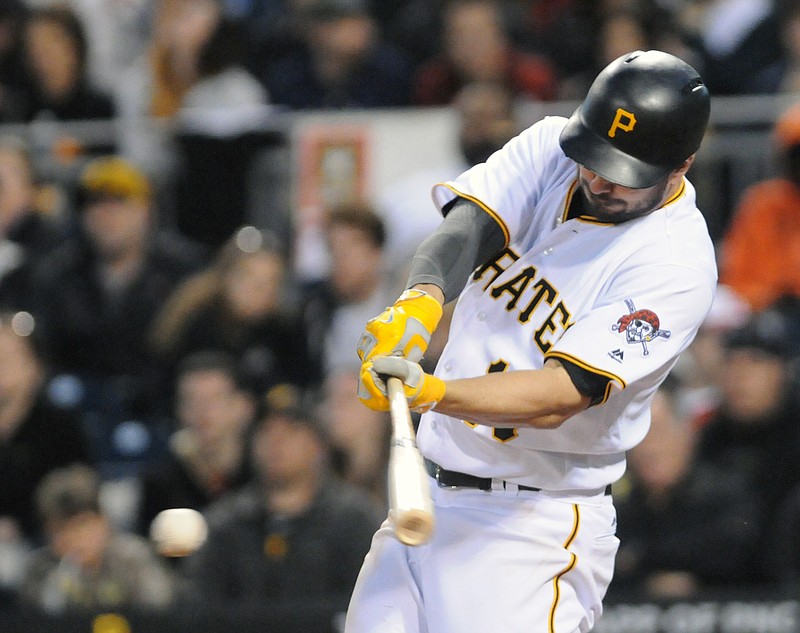 Pittsburgh Pirates' Matt Joyce gets a hit against the Atlanta Braves in the fifth inning of a baseball game, Monday, May 16, 2016, in Pittsburgh.