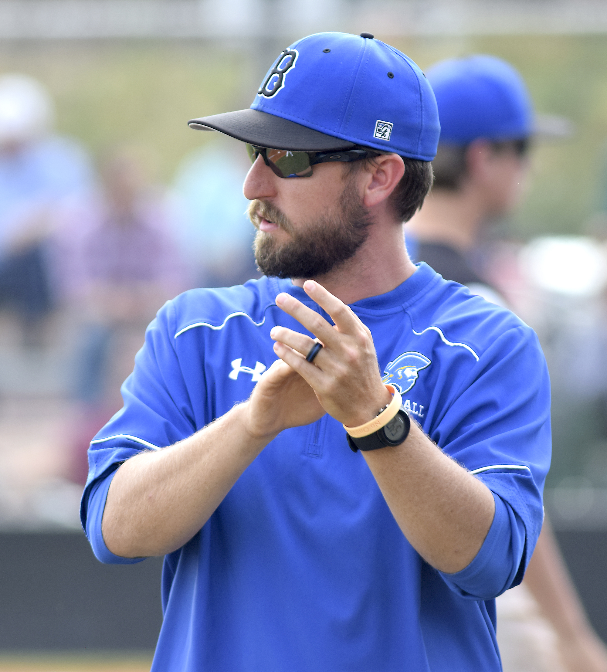 Boyd-Buchanan coach Taylor Gilley encourages his team. The Silverdale Baptist Seahawks visited the Boyd-Buchanan Buccaneers in the Region 3-A championship baseball game May 18, 2016.