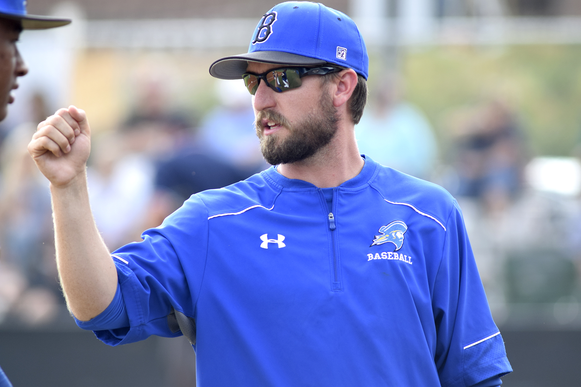 Boyd-Buchanan coach Taylor Gilley encourages his team. The Silverdale Baptist Seahawks visited the Boyd-Buchanan Buccaneers in the Region 3-A championship baseball game May 18, 2016.