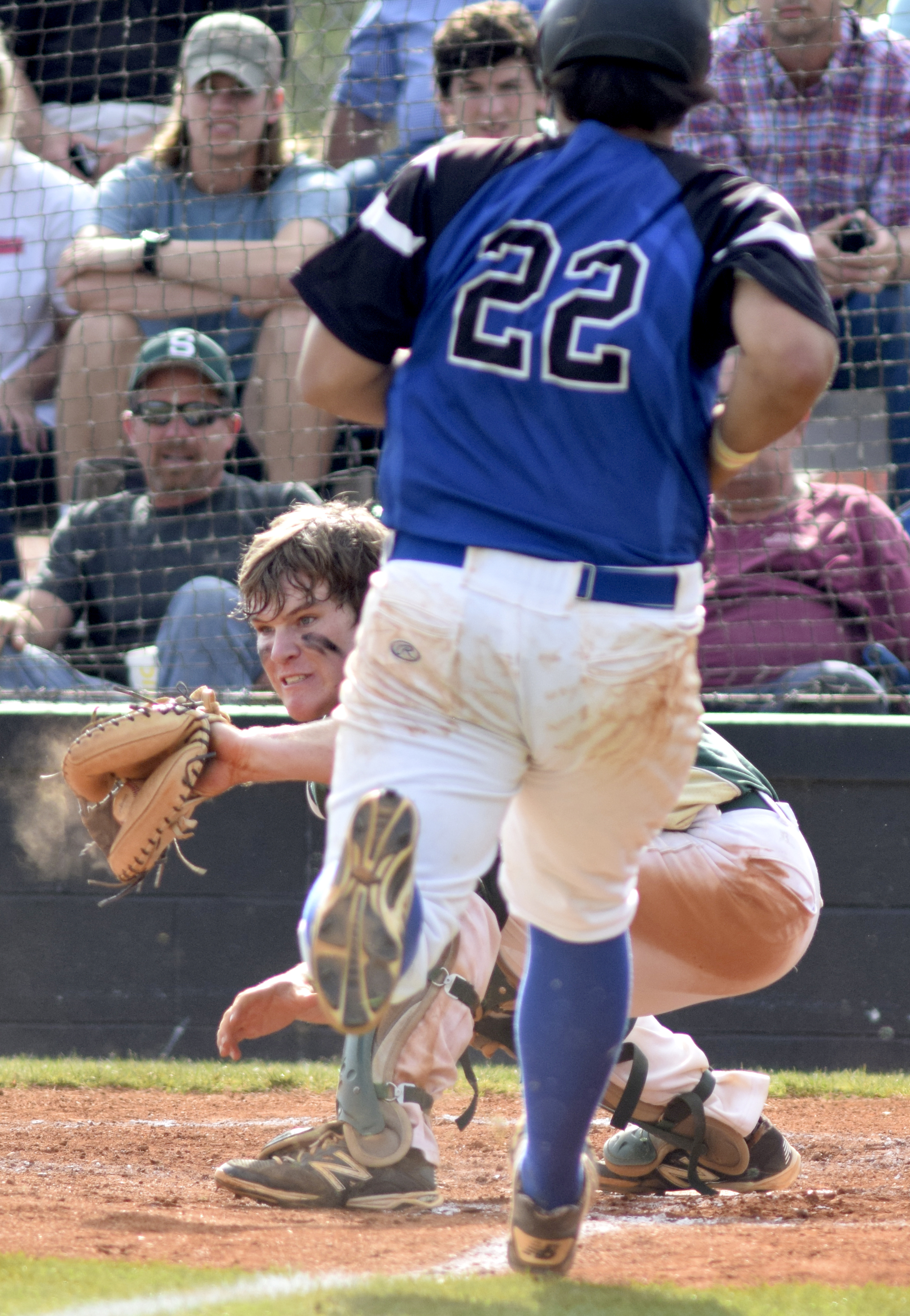 Silverdale catcher Hayden Spencer (10) takes the throw to force out Boyd-Buchanan's Coby Morgan (22). The Silverdale Baptist Seahawks visited the Boyd-Buchanan Buccaneers in the Region 3-A championship baseball game May 18, 2016.