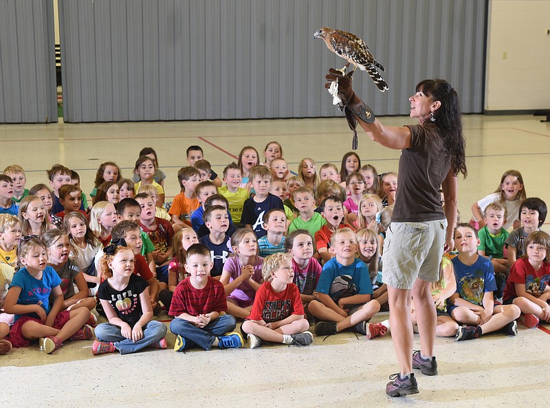 Reflection Riding Wildlife Coordinator Tish Gailmand holds Ember, a red-shouldered hawk as kindergarten students from John Allen Elementary School get a lesson on nature of the species Tuesday in Soddy-Daisy.