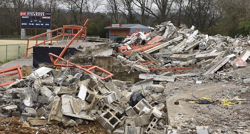 The demolished Raymond James Stadium at East Ridge High School will be replaced with funds the Hamilton County Board of Education will take from its funds balance.