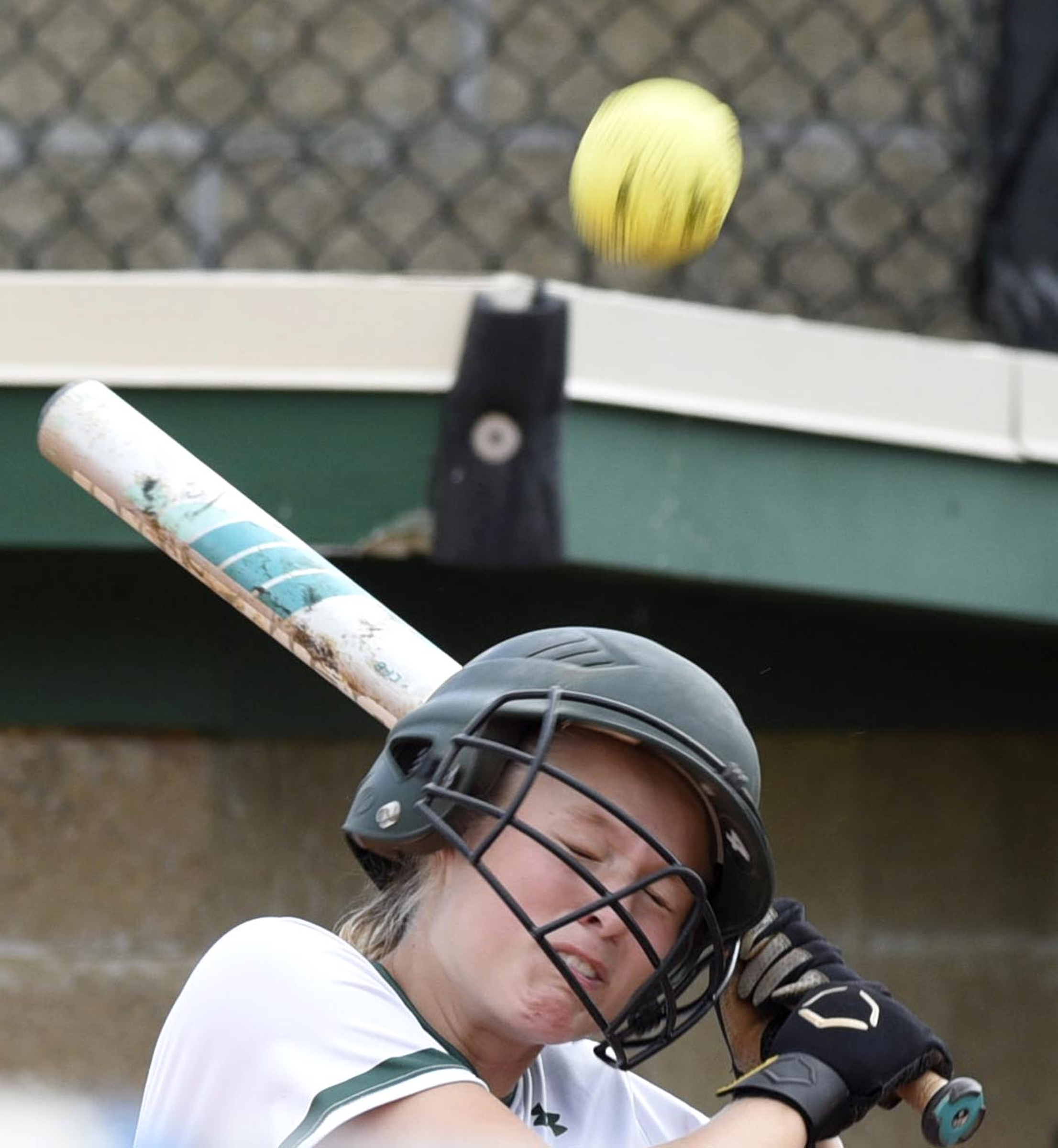 Silverdale's Ali Birchfield is hit in the helmut by a pitched ball in the first inning.  Birchfield was uninjured on the play.  The Gordonsville Tigers visited Silverdale Baptist Academy in a TSSAA Sectional matchup Saturday May 21, 2016.