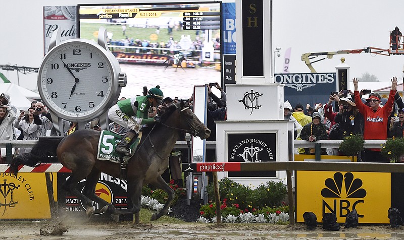 Exaggerator with Kent Desormeaux aboard wins the 141st Preakness Stakes horse race at Pimlico Race Course, Saturday, May 21, 2016, in Baltimore. (AP Photo/Mike Stewart)