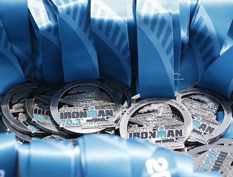 Staff Photo by Dan Henry / The Chattanooga Times Free Press- 5/22/16. Medals for finishers of the 2016 Sunbelt Bakery Ironman 70.3 event in downtown Chattanooga on Sunday, May 22. 