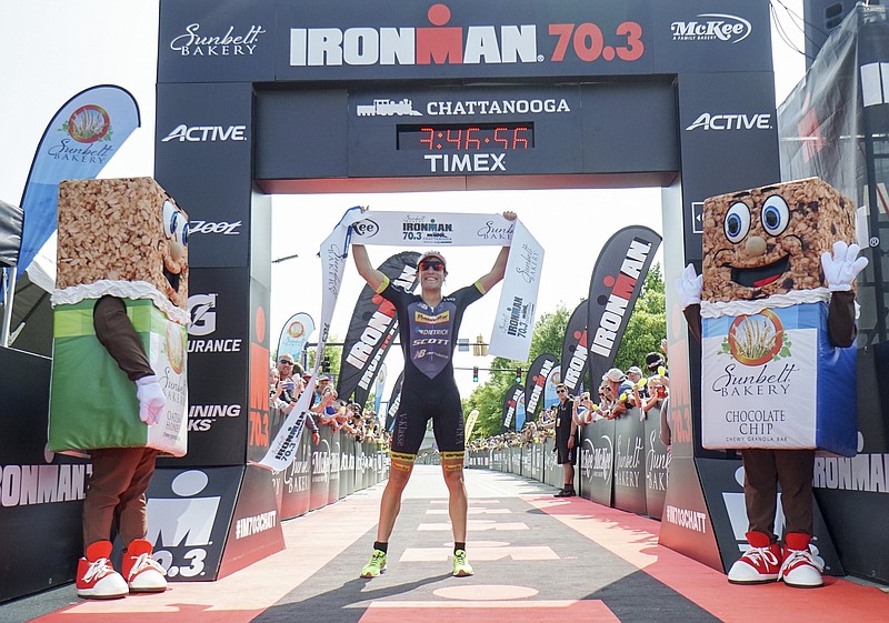 Sebastian Kienle from Muhlacker, Germany, makes his way down the chute to place first in the 2016 Sunbelt Bakery Ironman 70.3 event in downtown Chattanooga on Sunday, May 22. 