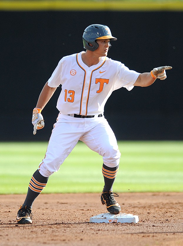 Tennessee's Nick Senzel celebrates hitting a double against Florida during a May 6 game at Lindsey Nelson Stadium. He is the latest SEC baseball player of the week.