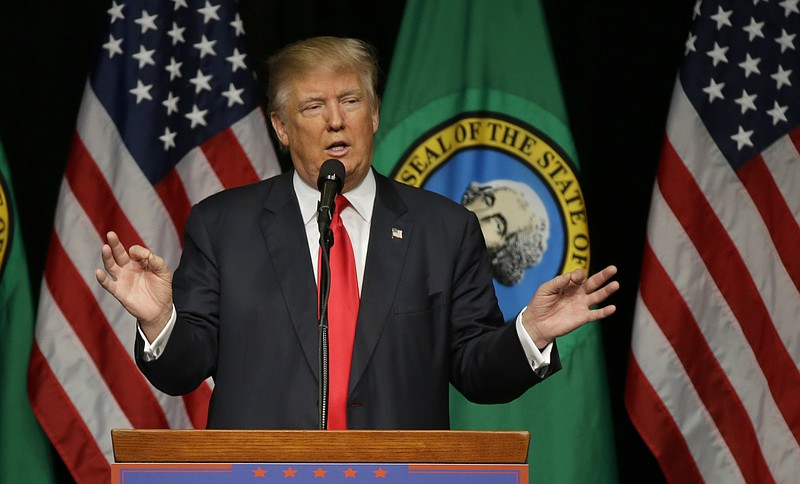 
              FILE - In this photo taken May 7, 2016, Republican presidential candidate Donald Trump speaks during a rally in Spokane, Wash. Donald Trump faces a struggle proving himself to white, suburban women, who could be crucial in the November general election.  (AP Photo/Ted S. Warren)
            