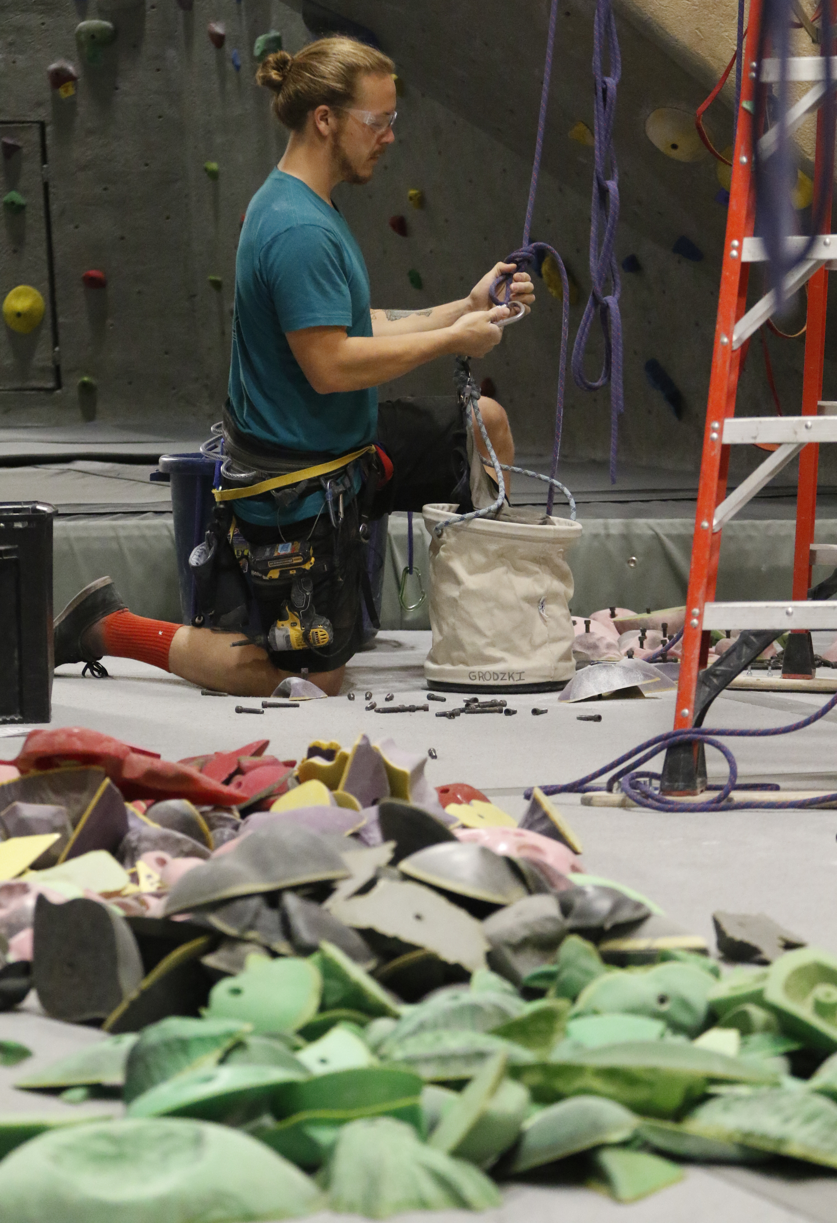 Staff Photo by Dan Henry / The Chattanooga Times Free Press- 5/19/16. Cody Grodzki, the director of route setting for High Point Climbing and Fitness, resets the top rope room on May 19, 2016.
