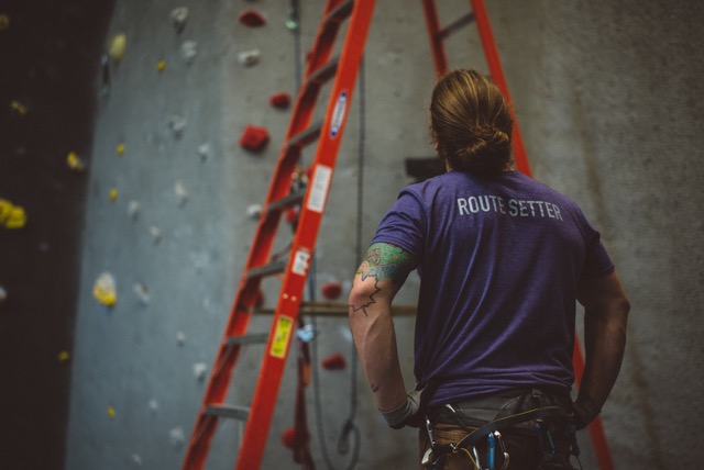 High Point Climbing and Fitness Director of Route Setting Cody Grodzki on the job.
