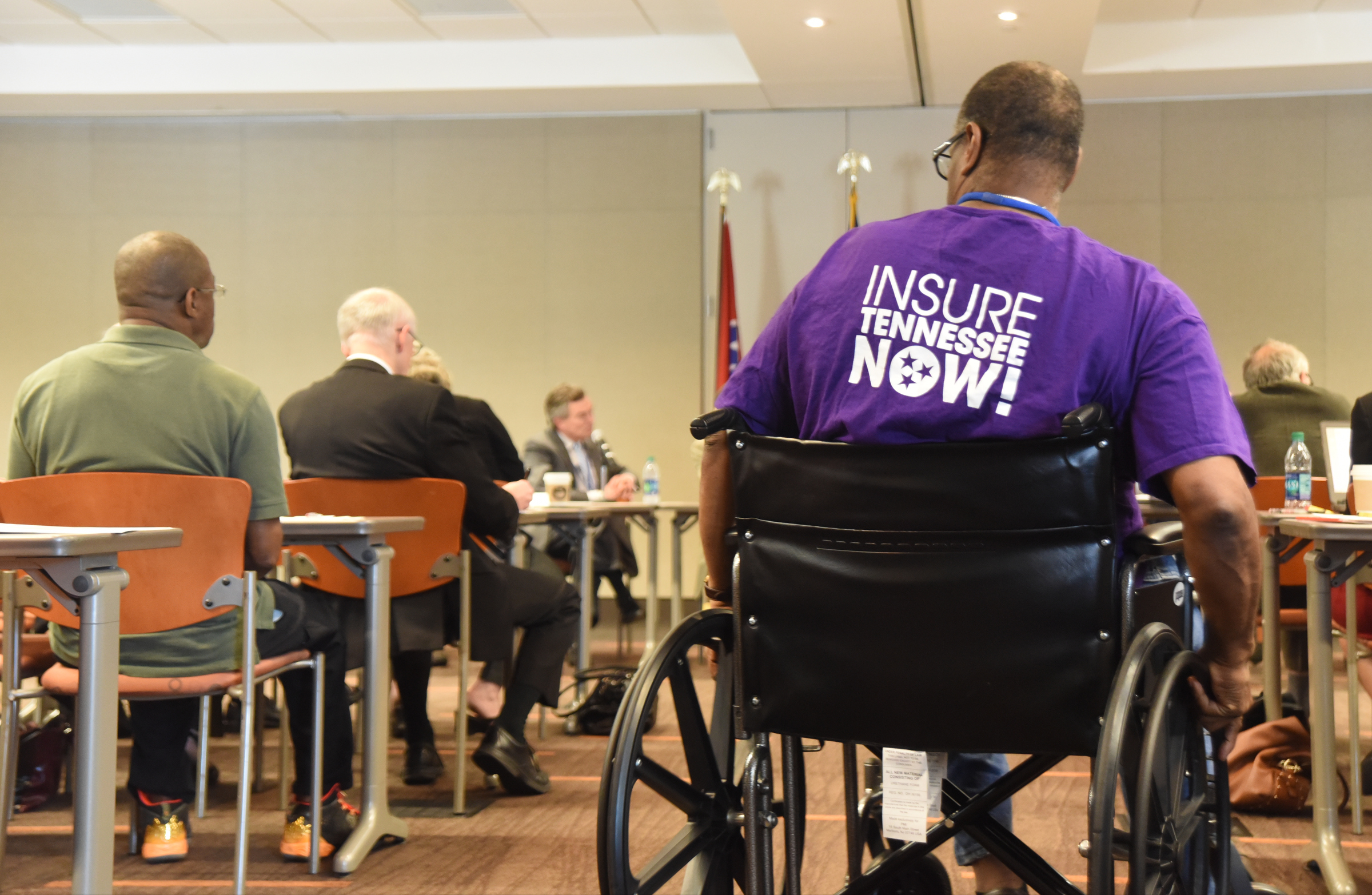 Charles Michael Allen wears an "Insure Tennessee Now" shirt during a state task force discussion on healthcare at BlueCross BlueShield on Tuesday, May 24, 2016.