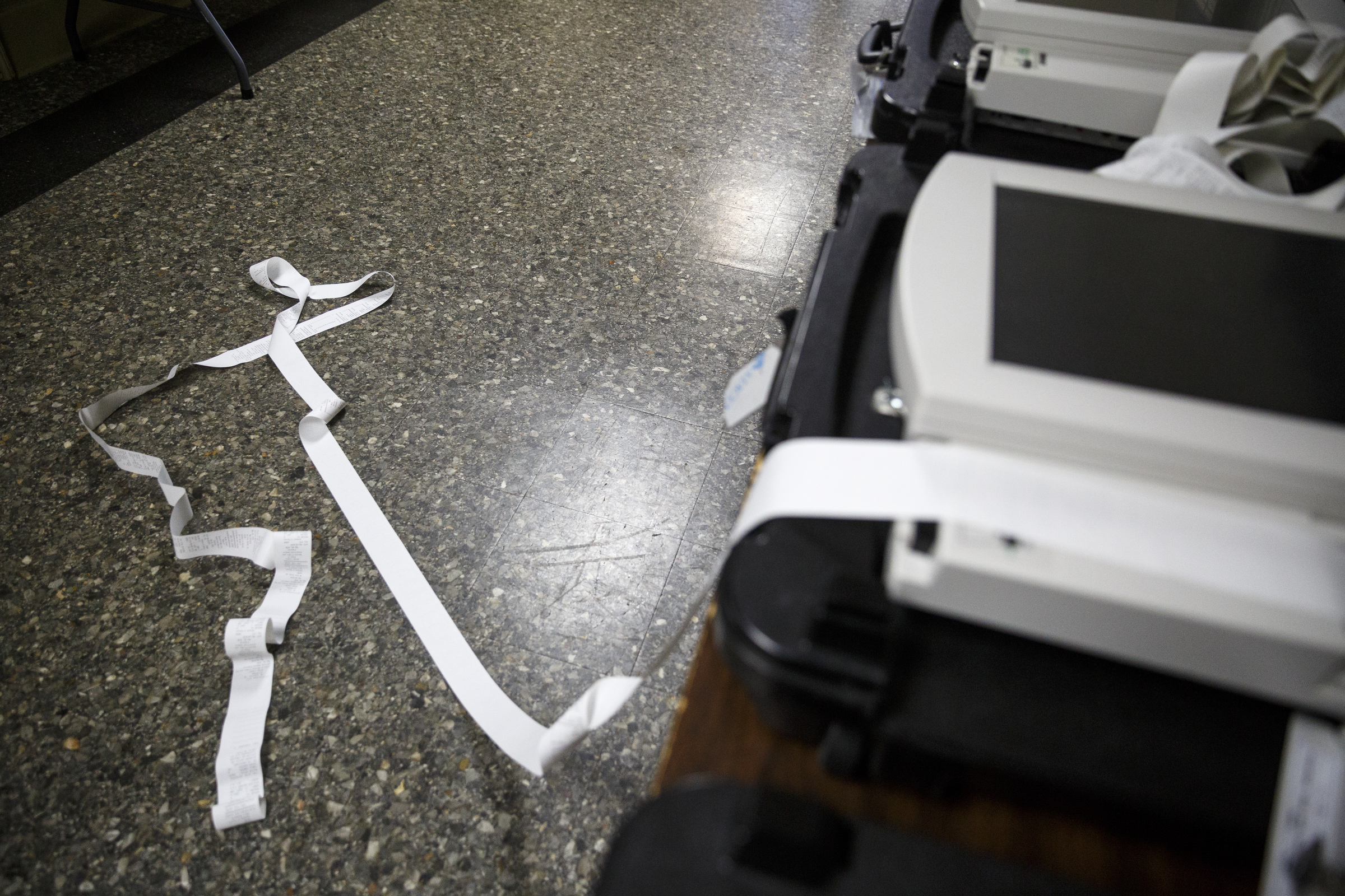 Printed tape with elections results streams from a voting machine on primary election night at the Walker County Courthouse Tuesday, May 24, 2016, in Lafayette, Ga. GOP primary candidate Shannon Whitfield beat opponent Mike Peardon for his party's nomination and will face incumbent and former GOP member Bebe Heiskell in the fall for Walker County's sole commissioner's seat.