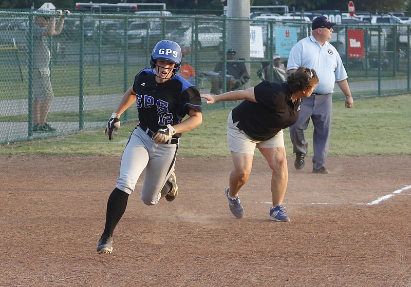 Staff Photo by Dan Henry / The Chattanooga Times Free Press- 5/24/16. GPS's Elizabeth Warwick rounds third and scores a run while playing Pope John Paul II during the TSSAA Division II Class AA Girls' Softball Tournament in Murfreesboro, TN., on May 24, 2016. 