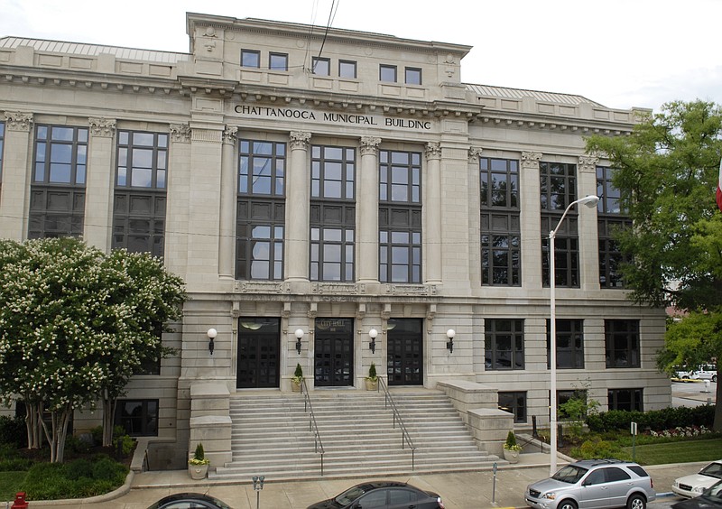 The entrance to the Chattanooga City Hall is seen in this staff file photo taken from a third floor window of the City Hall Annex.