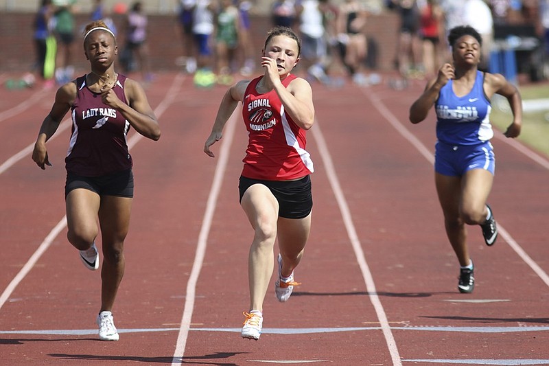 Signal Mountain's McKenzie Ethridge, center, is going for her third sweep of the 100- and 200-meter dashes in four seasons at today's TSSAA state track and field meet.