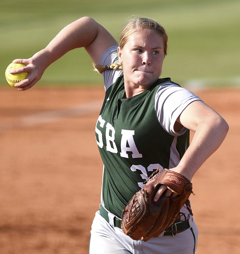 Silverdale Baptist Academy third baseman Taylor Moran throws a runner out during the TSSAA District 5-A title game earlier this month. Moran was the winning pitcher and went 2-for-3 with an RBI as the Lady Seahawks beat Scotts Hill in a state tournament game Wednesday in Murfreesboro.