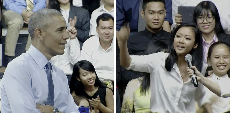 
              In this combination of images made from pool video, U.S. President Barack Obama, left, listens as Vietnamese rapper Suboi raps during a town-hall style event for the Young Southeast Asian Leadership Initiative (YSEALI) at the GEM Center in Ho Chi Minh City, Vietnam, Wednesday, May 25, 2016. Suboi rapped and asked Obama about the importance of governments promoting the arts and culture. (Photo via Pool Video)
            