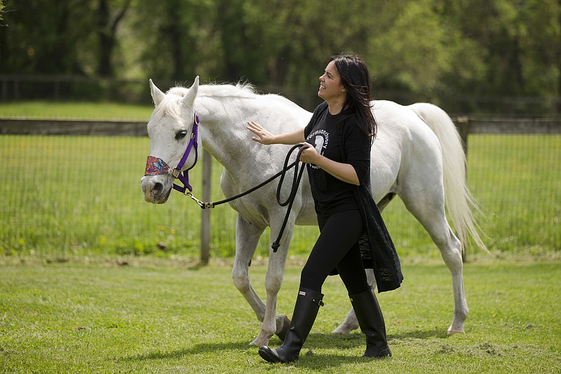 
              Tracey Stewart, leads Lily the horse she adopted away at the end of a news conference Wednesday, May 25, 2016, in Kennett Square, Pa. Doreen Weston, the former owner of the horse adopted by Jon Stewart and his wife Tracey that was portrayed as having been shot by paintballs over 100 times, said Wednesday the animal was used at children's finger-painting parties and was never injured by a paintball gun. Lily was found seemingly abandoned at an auction stable in New Holland, Pa., in March. Police say she was covered in paint and extremely sore to the touch.  (AP Photo/Matt Rourke)
            
