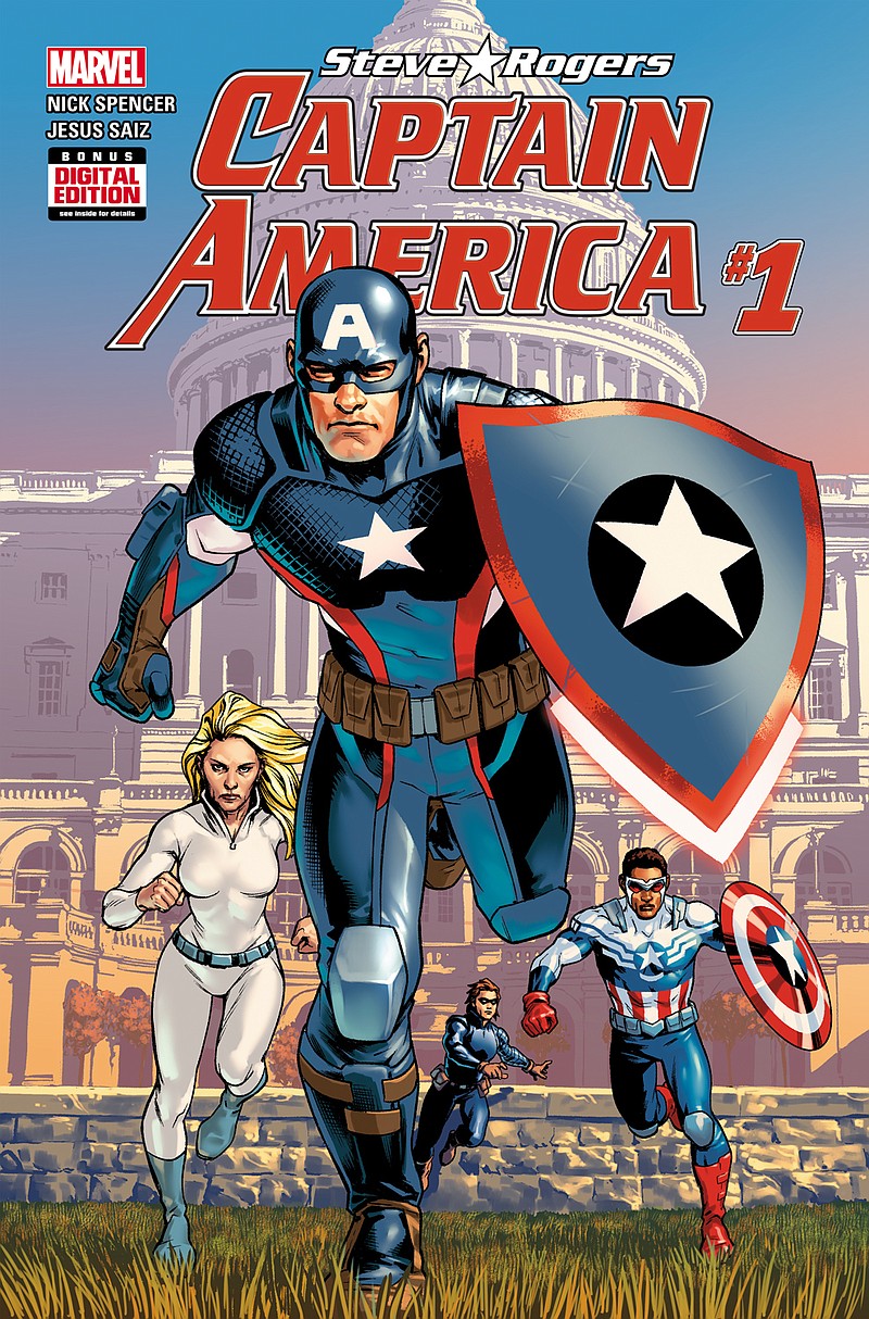 
              This image released by Marvel Comics shows "Captain America: Steve Rogers #1" comic book by Nick Spencer and Jesus Saiz. The new comic book hit stands on Wednesday, May 25, 2016. (Marvel Comics via AP)
            